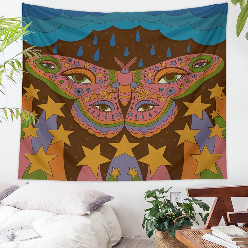 Tapiz psicodélico Retro de los años 80, colgante de pared con de mariposa psicodélica, flor, ojo, estrella, cielo, cubierta Vintage de los 90, decoración artística para habitación
