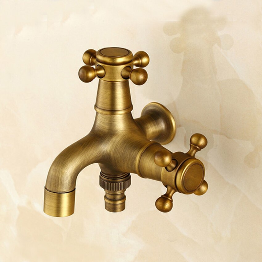Antique Brass Single Cold Tap Dual Use Washing Machine Faucet G1/2 Wall Mount Double Spouts Decorative Garden Bibcock Faucet