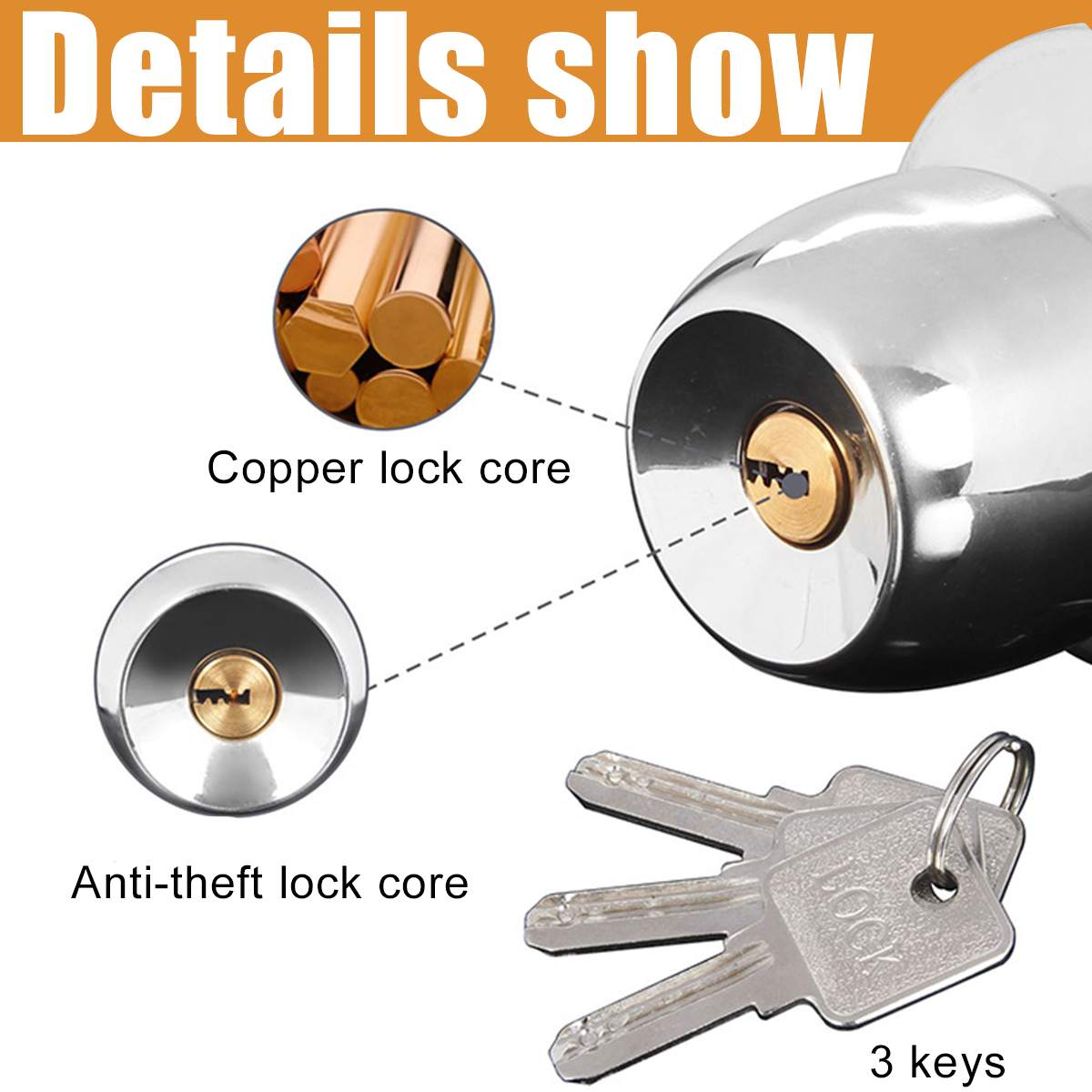 Adjustable Stainless Steel Round Ball Door Knobs Rotation Lock Knobset Handle Entrance for Bedrooms Living Rooms Bathrooms