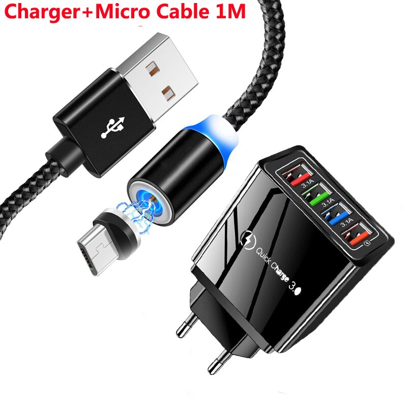 Cargador rápido de viaje adaptador EU Plug QC 3,0 para Huawei Honor 7A 7C 8A 6C Pro 6A 6X 7X 8X P8 P9 Cable magnético Micro USB Cable de datos: Charger and Cable