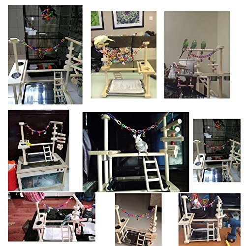 Soporte de juego para loros, parque de juegos para aves, cacatúa, parque infantil de madera, corralito de gimnasio, escalera con alimentador, tazas de juguete (incluye bandeja)