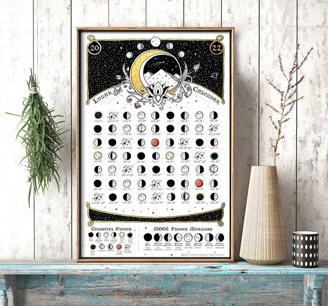 Calendar 2022 Moon Phases Space Print Lunar Calendar For Living Room Art Home Decor Wall Calendars Year