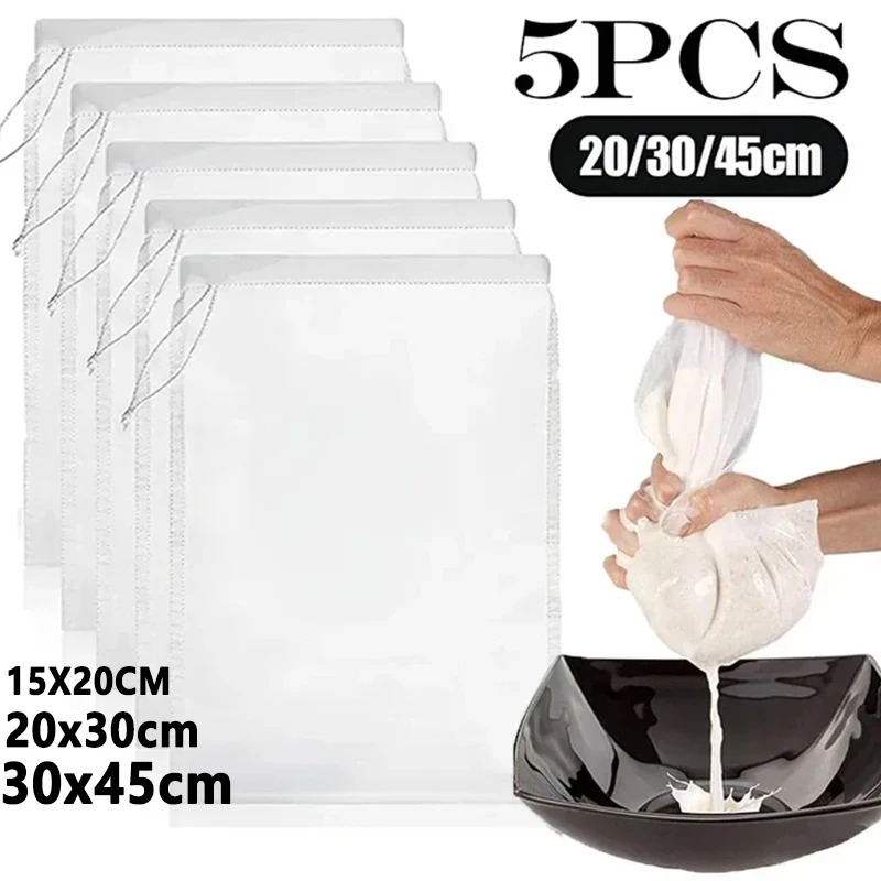 Coladores de bolsas de leche reutilizables para nueces, bolsa de tela de queso de nailon sin blanquear, filtro de yogur para queso y comida, colador de malla fina para cocina, 1/5 Uds.