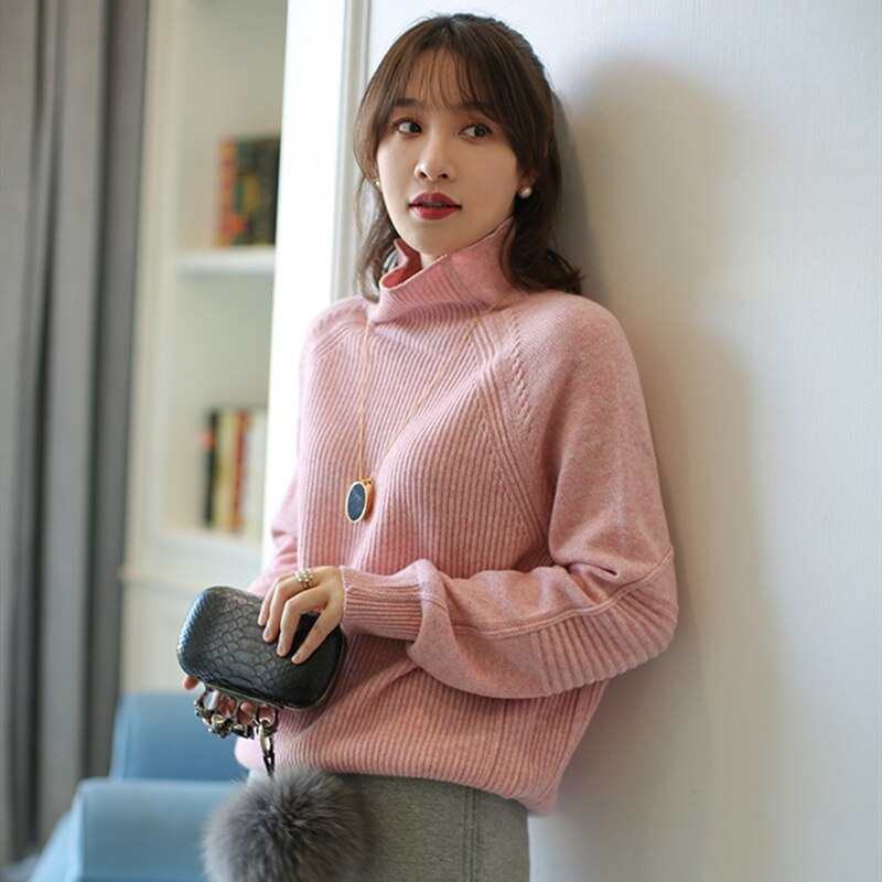 Pull en cachemire épais à col haut pour femme, 100% laine, ample, tricoté, grande taille, automne et hiver: Rose / M