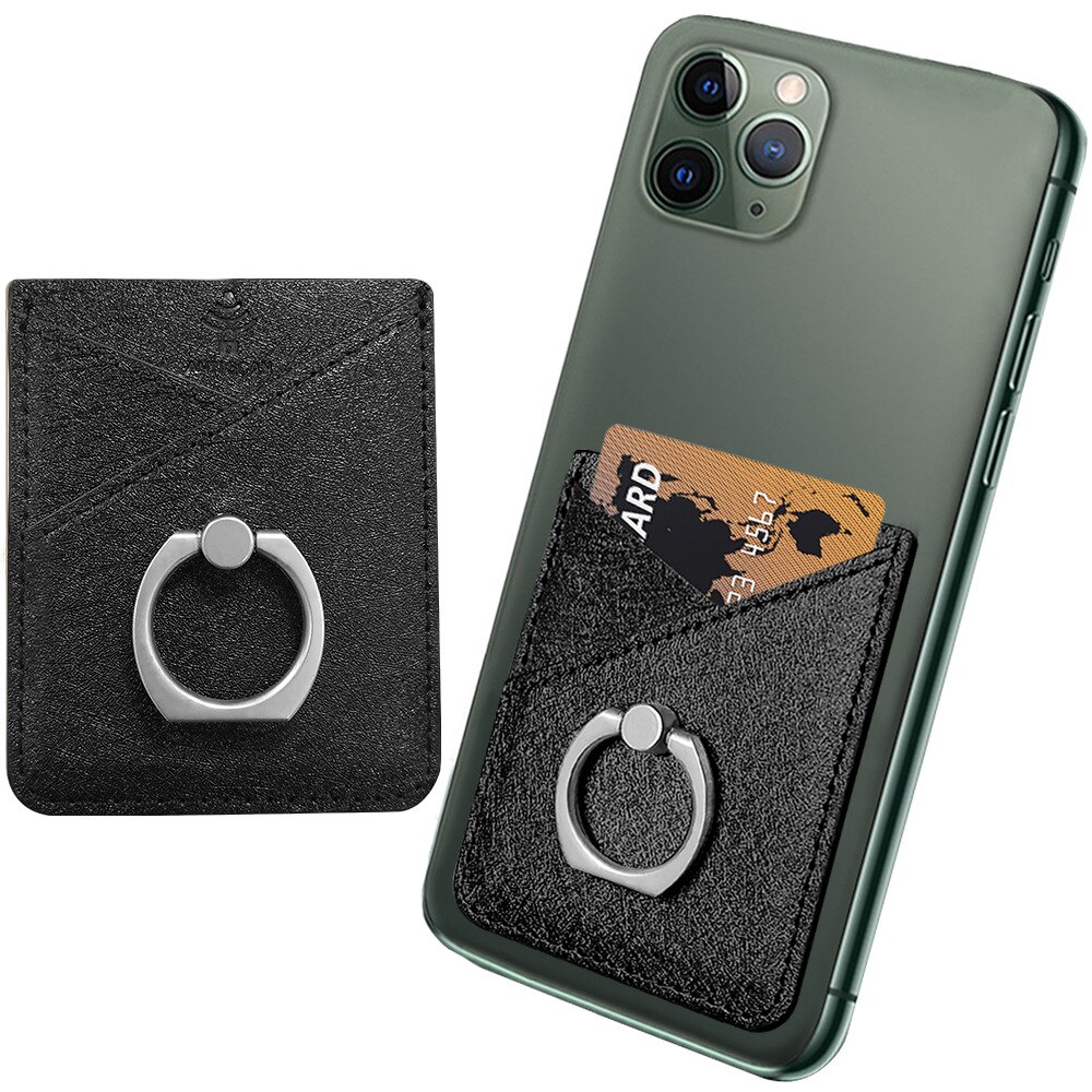 Læder mobiltelefon kortholder tegnebog klistermærke til iphone 11 x xs max ring holder lomme kortspor klistermærke: Sort