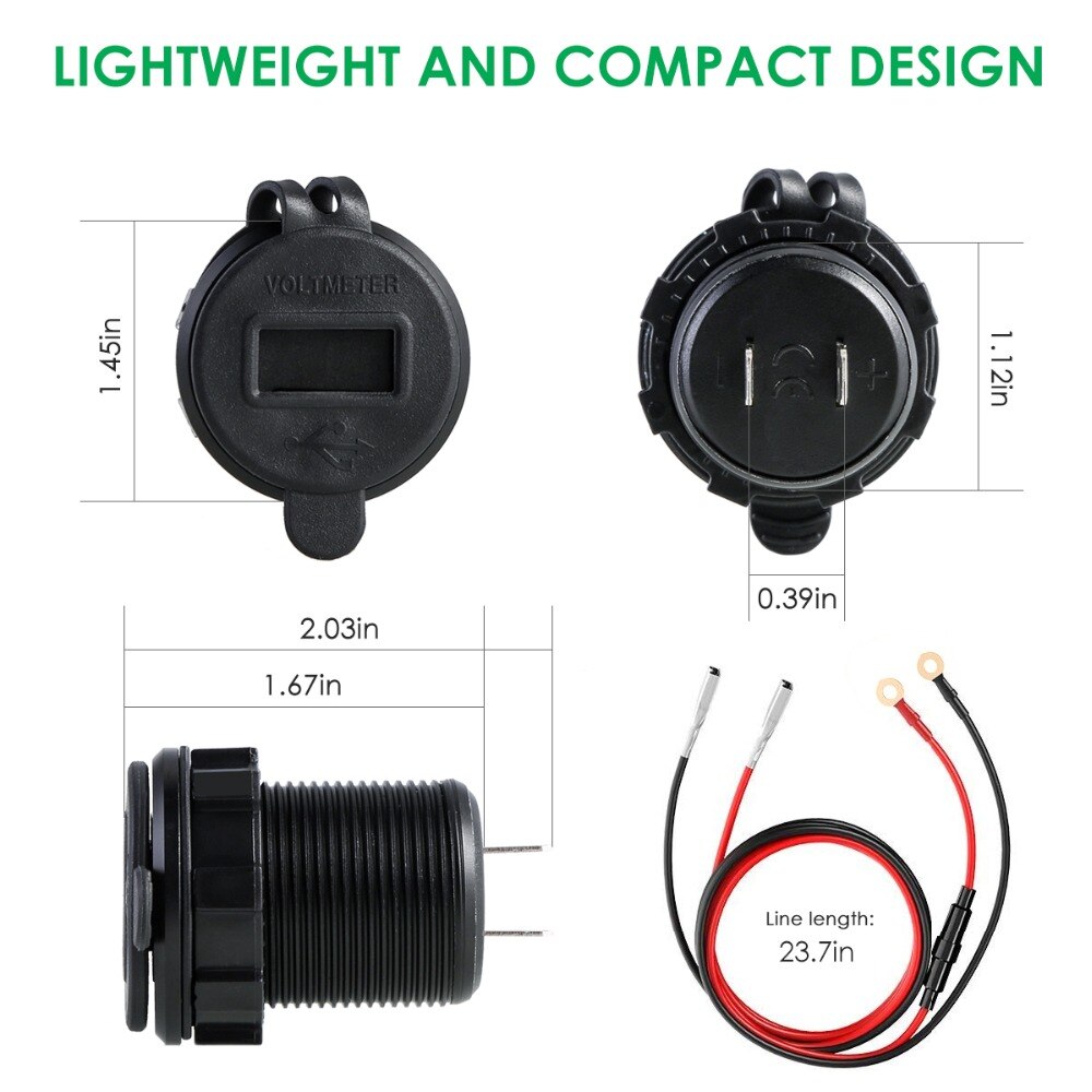 Dual USB Charger Socket Waterproof Power Outlet 2.1A with Voltmeter Wire in-line 10A Fuse for 12-24V Car Boat Marine Motorcycle