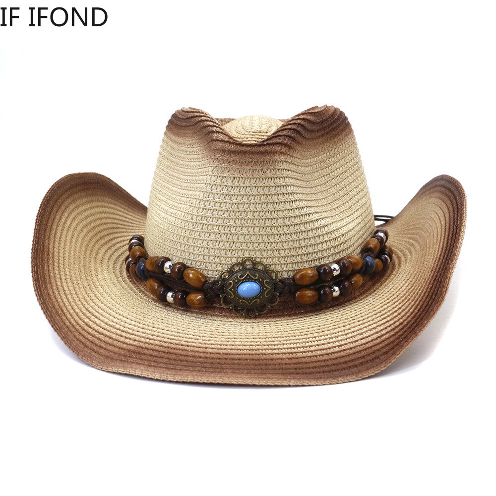 Handmade Straw Summer Western Cowboy Hat Women Men False Gem Decoration Panama Beach Cowgirl Hat 56-58CM