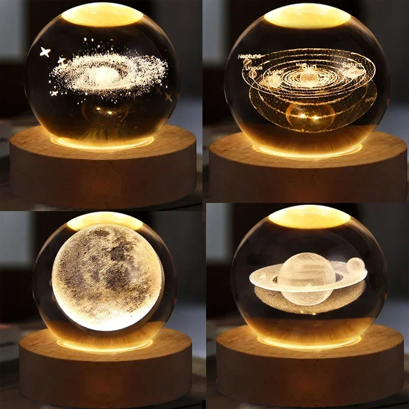 Lampe boule de cristal galaxie alimentée par USB, lumière de lune éclairée en 3D pour la maison, chambre à coucher, bureau, décoration de table, veilleuse