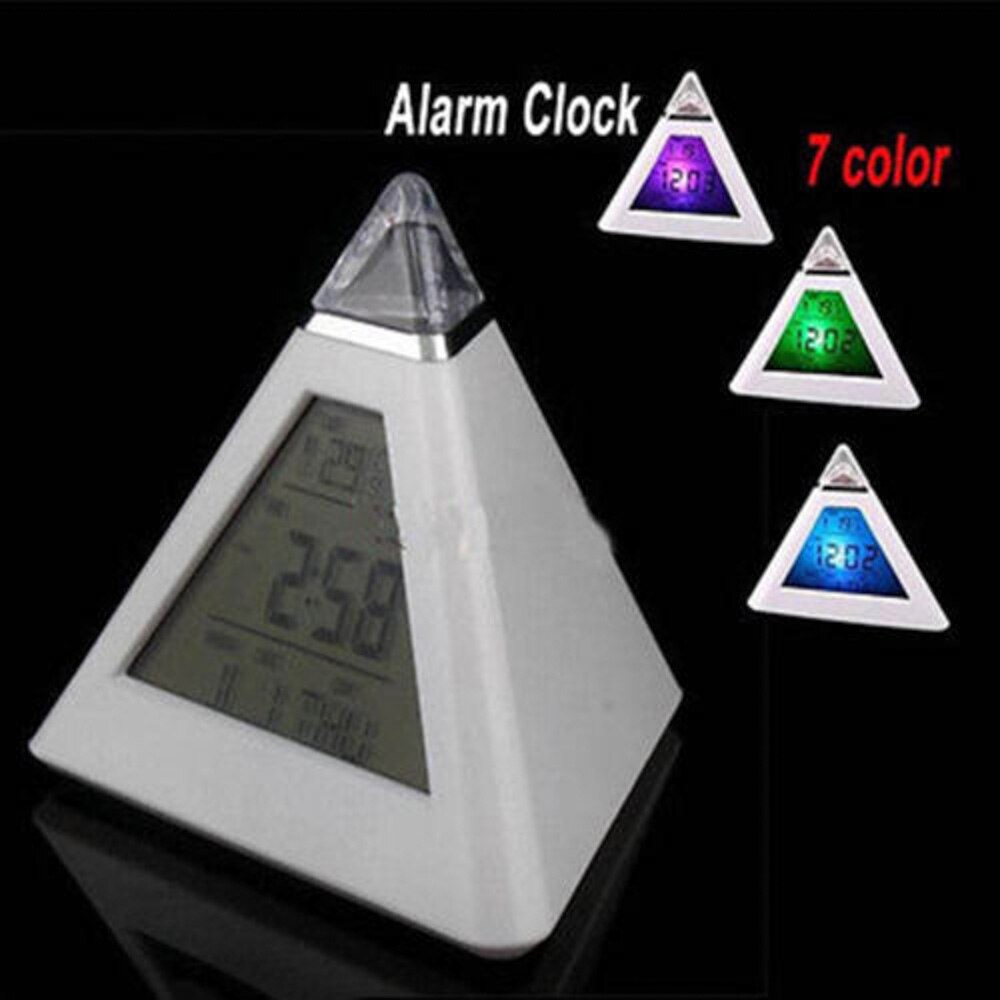 Gekwalificeerde piramide temperatuur 7 kleuren led verandering achtergrondverlichting led maan wekker piramide stemmingsklok