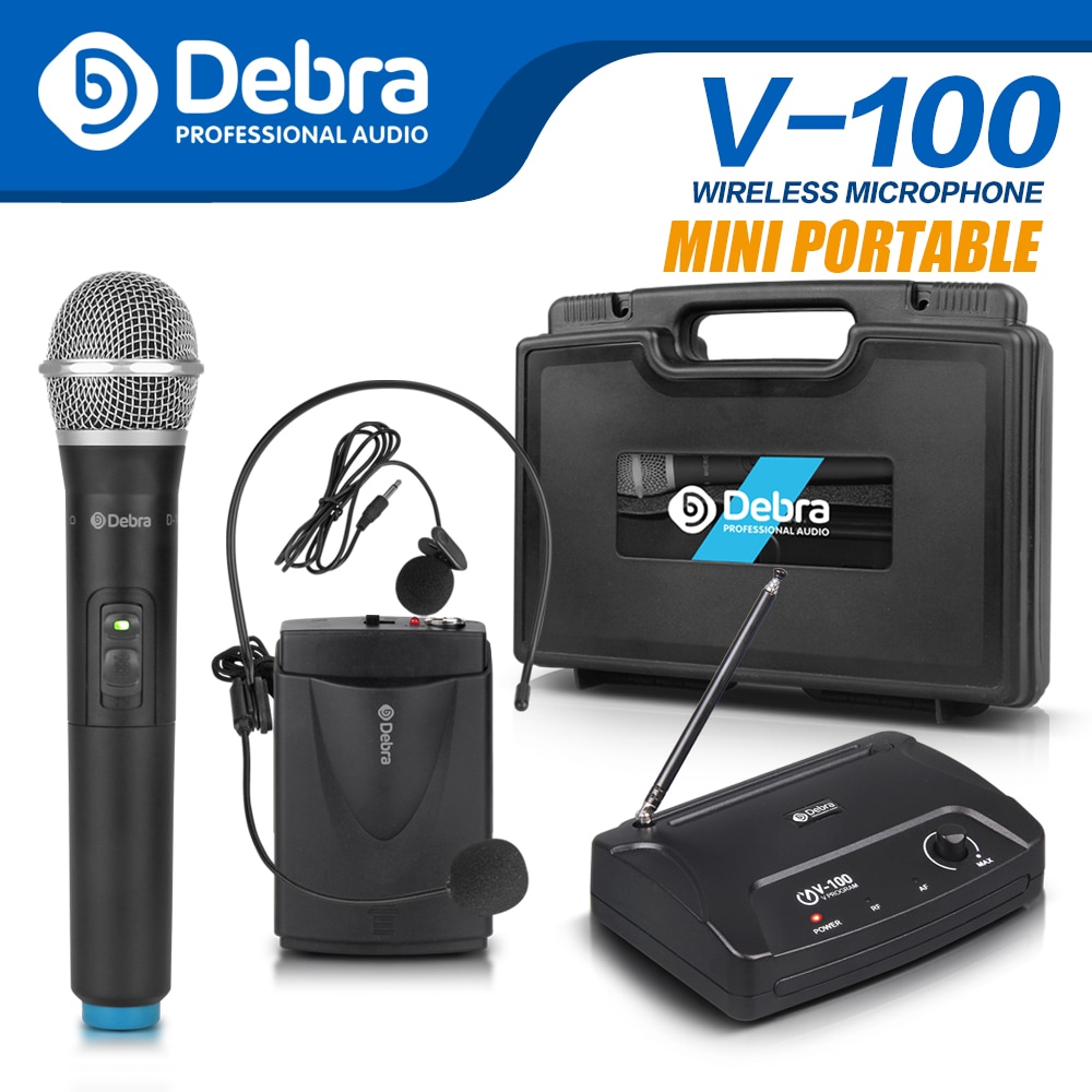 Debra Audio V-100 VHF Wireless Microphone Mic System With Portable Case with HandHeld or Lavalier & Heatset for karaoke