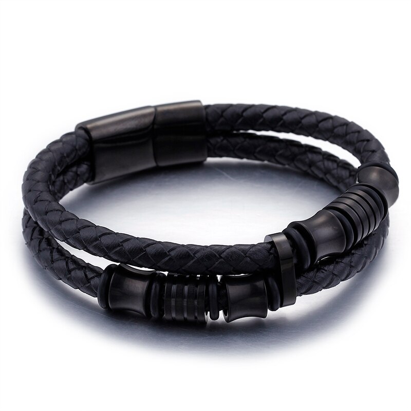 TrustyLan Couleur Or En Acier Inoxydable Bracelet En Cuir Hommes En Cuir Noir Pour Hommes bracelets d'enveloppement Bijoux Bracelet Avec Fermoir Aimanté