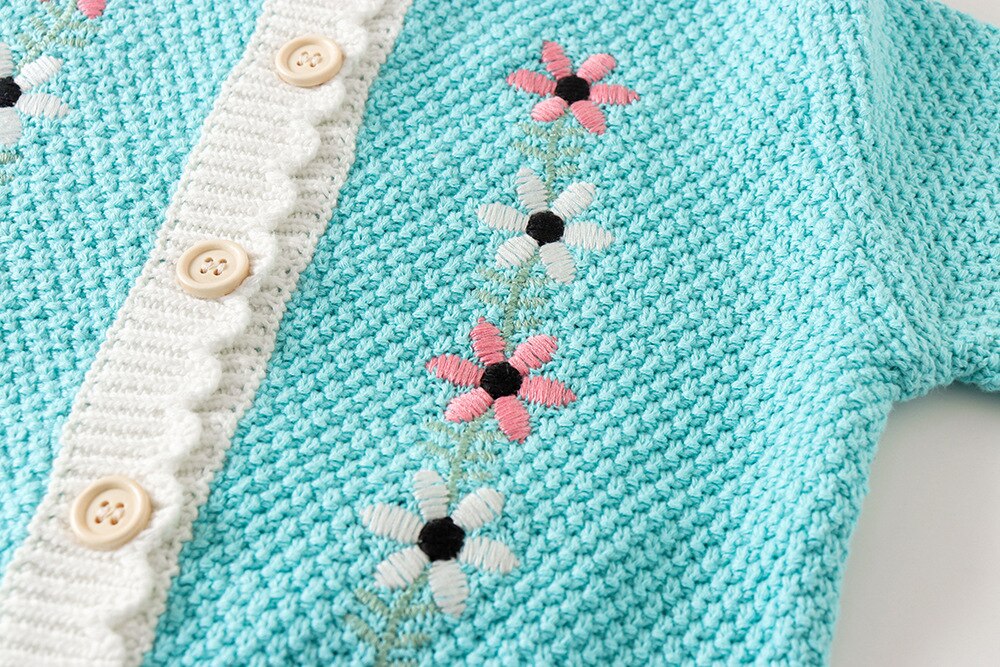 2022 Lente Baby Baby Meisjes Knit Borduren Bloem Jas + Bretels Rompertjes Baby Kleding Sets Peuter Meisje Pak Kleding 0-3Years