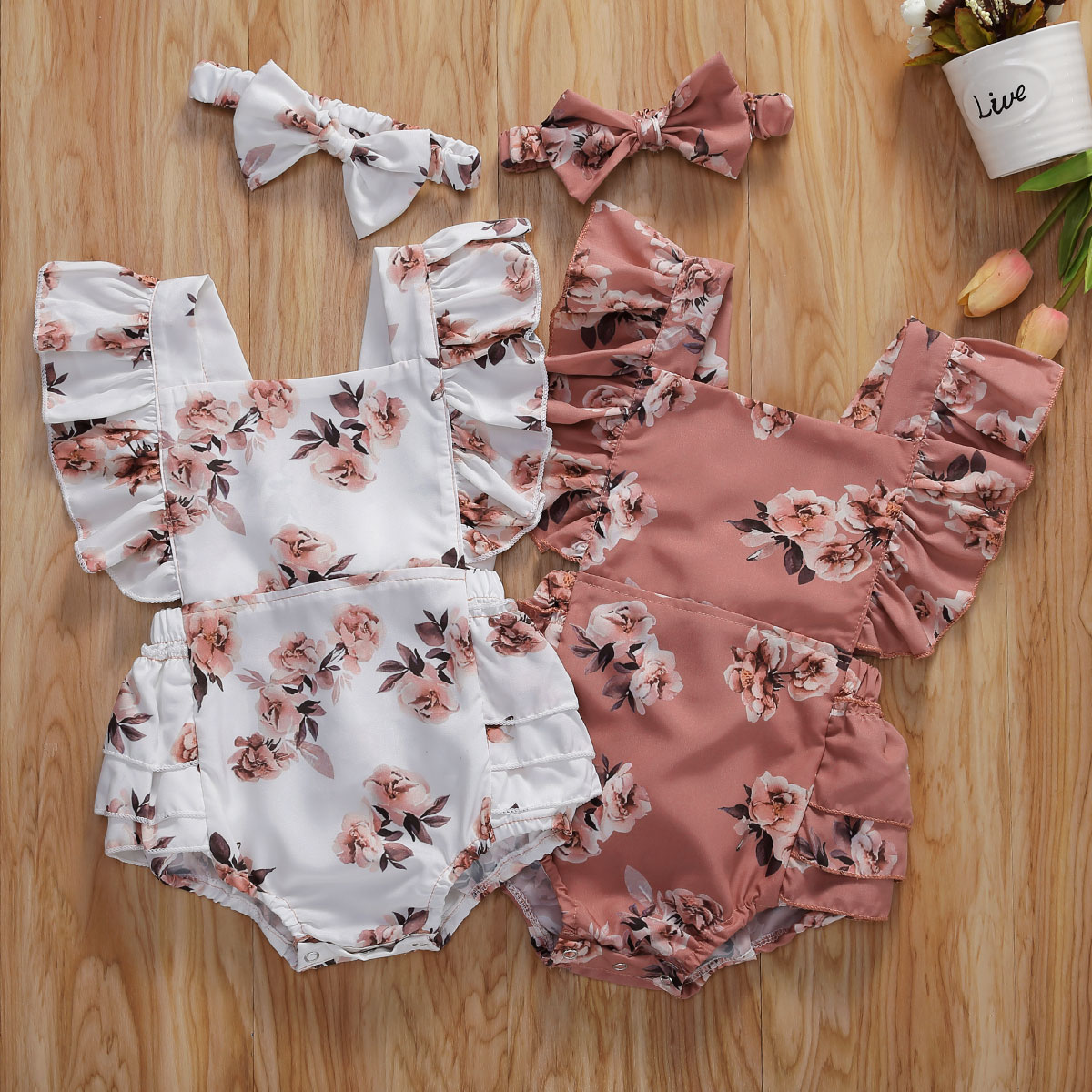 0-24M Zomer Peuter Kids Baby Meisjes Jongens Bodysuits Bloemen Print Ruches Korte Mouw Jumpsuits Hoofdband 2 Stuks