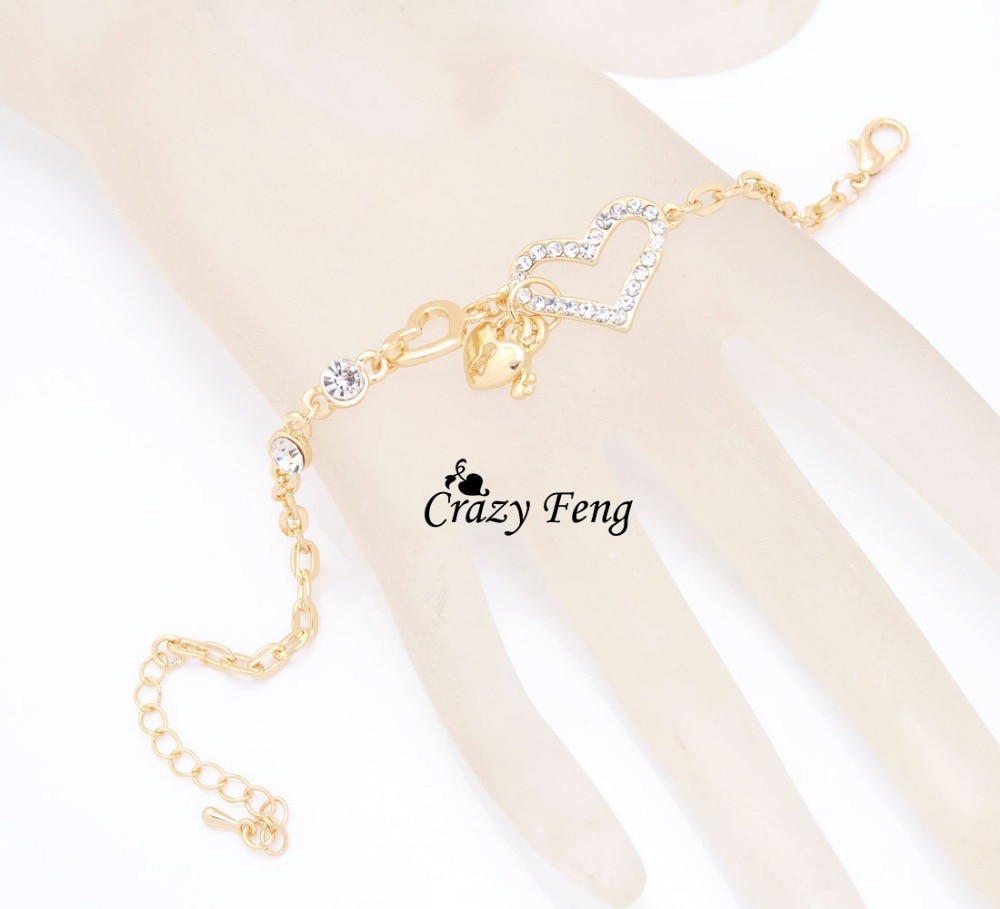 Ketting Armband Goud Kleur Vrouwen Liefde Hart Link Armband Crystal Armbanden Bangles Valentijnsdag