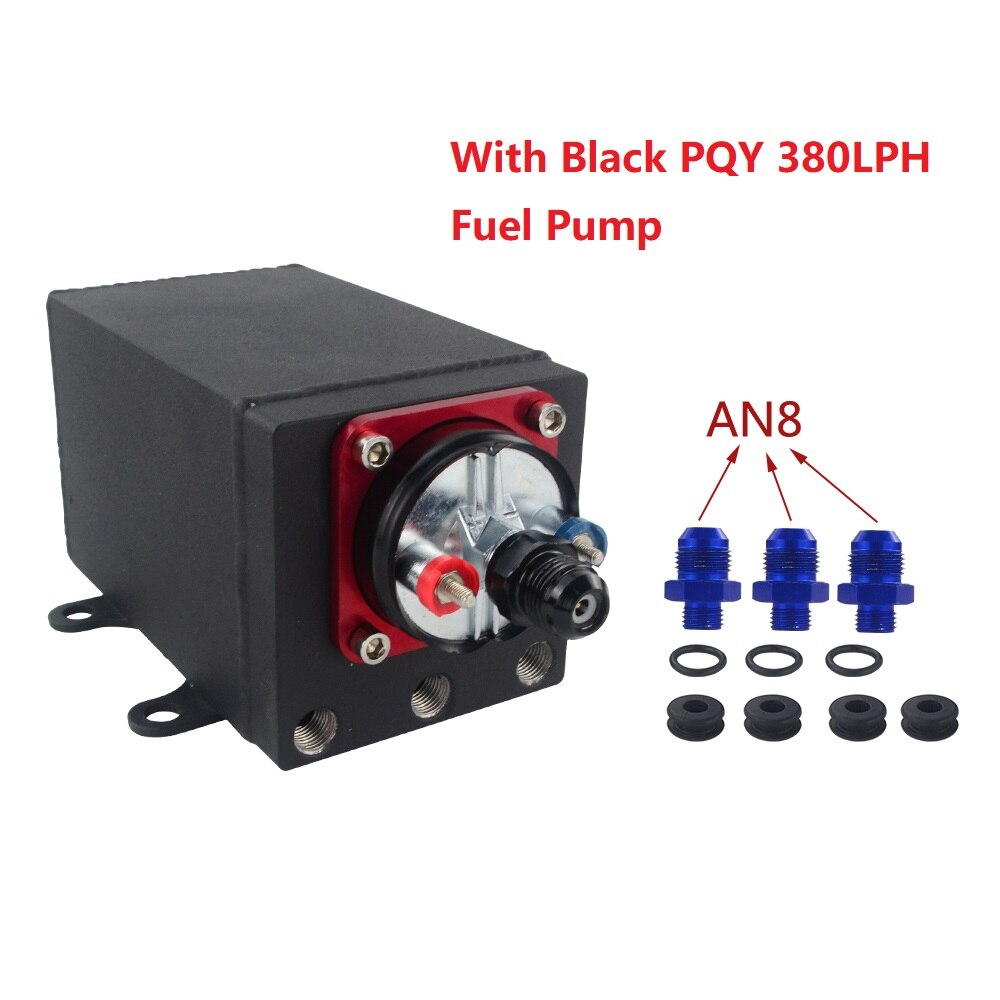 Single Fuel Pump Surge Tank Oil Catch Can Compatible with 044 Fuel Pump or 380 LPH Black PQY Fuel Pump With Different Fittings: AN8 Black fuel pump