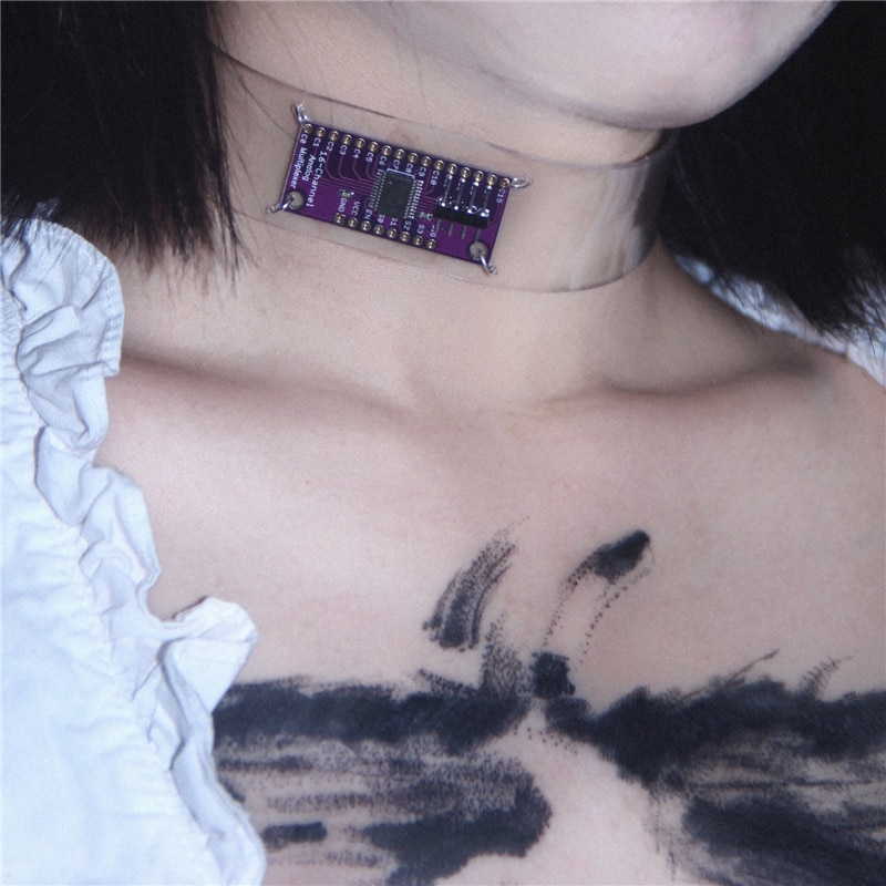 Collier futuriste à micropuce violette, cybernétique transparente, Punk, ras du cou