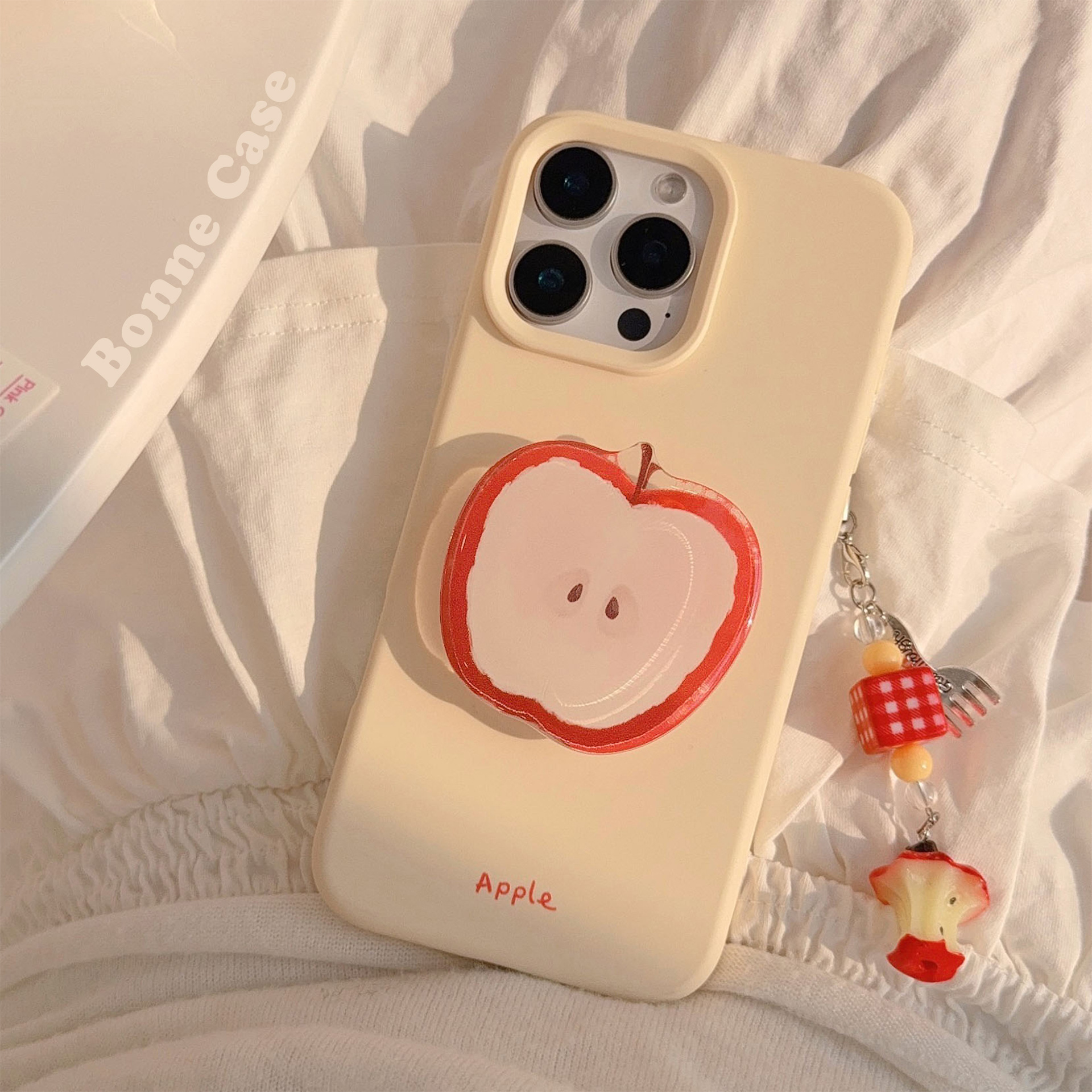 Korean Red Apple Graffiti With Stand Holder Lanyard Phone Case for iPhone 16 15 14 13 12 Pro Max Soft Silicone Shockproof Cover: Beige / iPhone 13 Pro