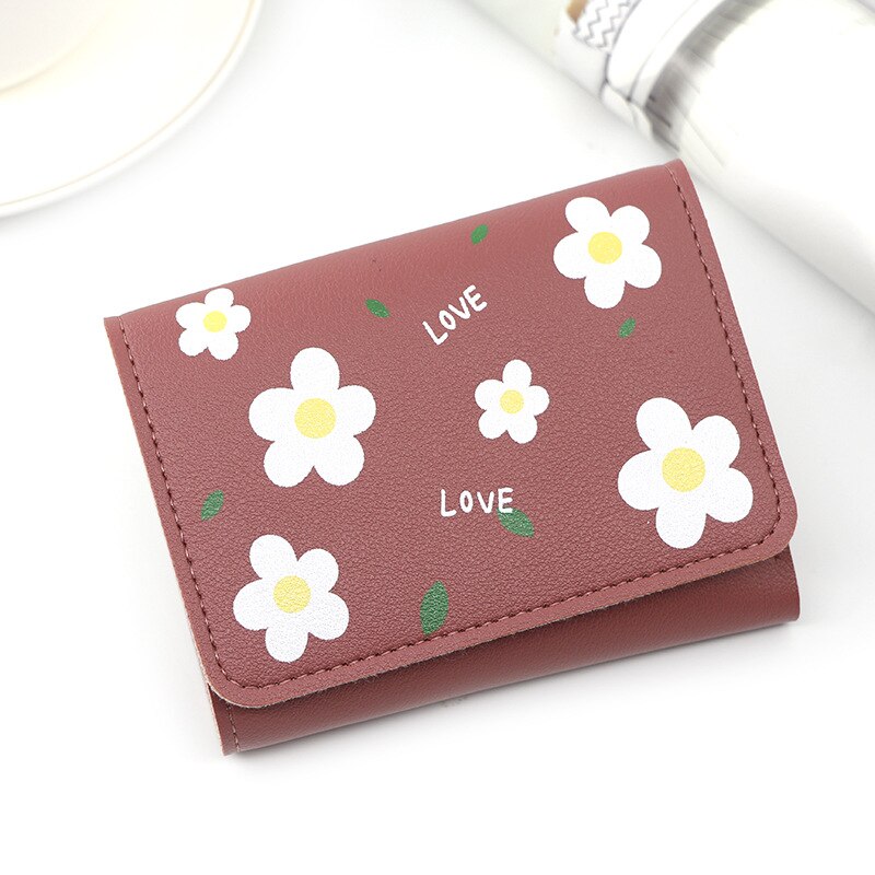 Japanese Mini Wallet Female Small Ultra-thin Cute Floral Tri-fold Leather Coin Purse Simple Short Student Mini Card Holder: Rose Red