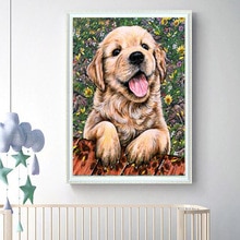 5D Diy Diamant Borduurwerk Leuke Gele Hond En Bloemenweide Diamant Schilderen Golden Retriever Kruissteek Mozaïek Unframed