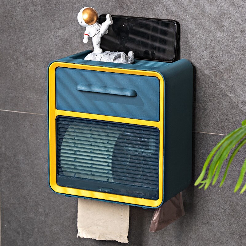 Multifunctional Tissue Storage Box Punch-free Waterproof Toilet Roll Paper Rack Wall-mounted Toilet Paper Drawer Box: Blue L
