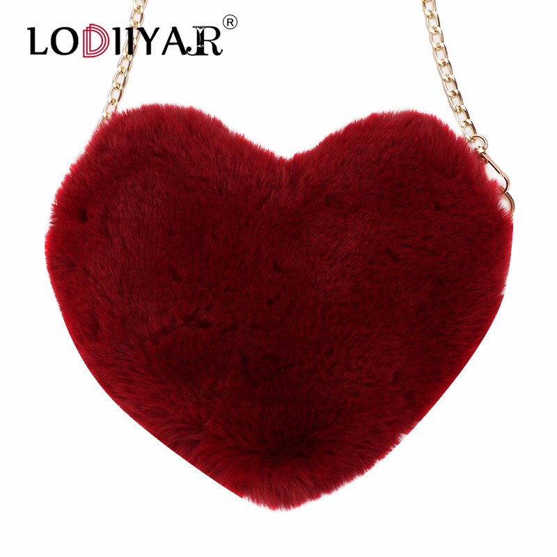 Faux Pelz Herz Tasche Mädchen Lolita Schulter Tasche Plüsch Crossbody Geldbörse Für Frauen Weibliche Rot Herz Perle Kette Handtasche Partei