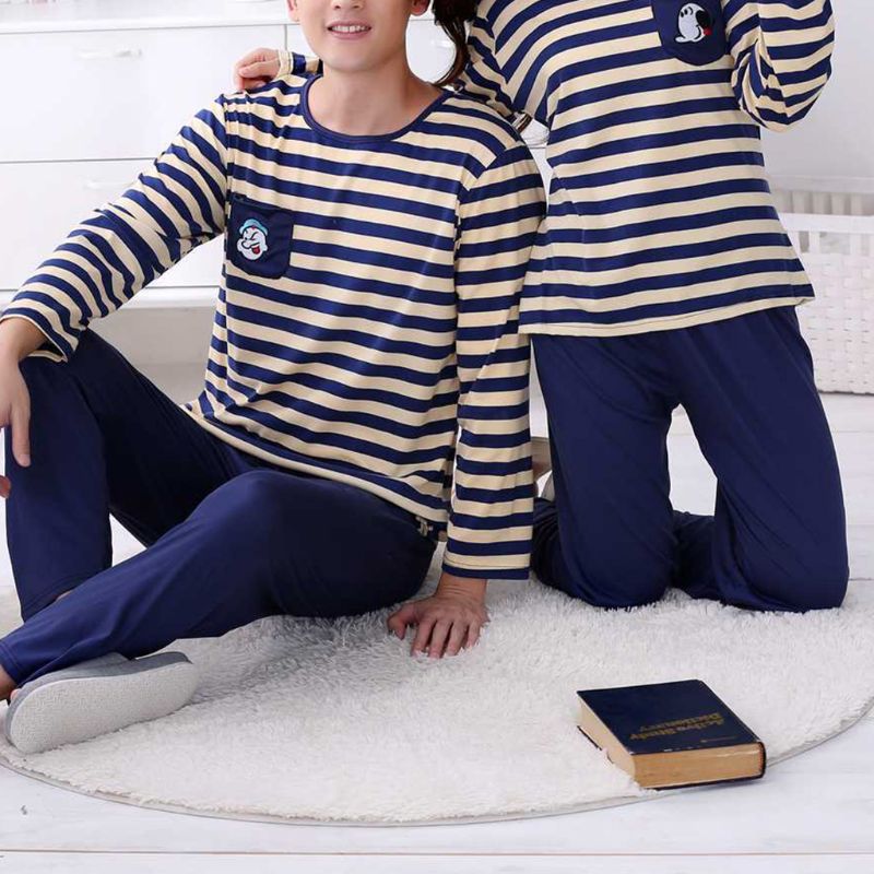 Lovers Milk Fiber Pajamas Set Spring Cartoon Embroidered Pocket Stripe Sleepwear E15E