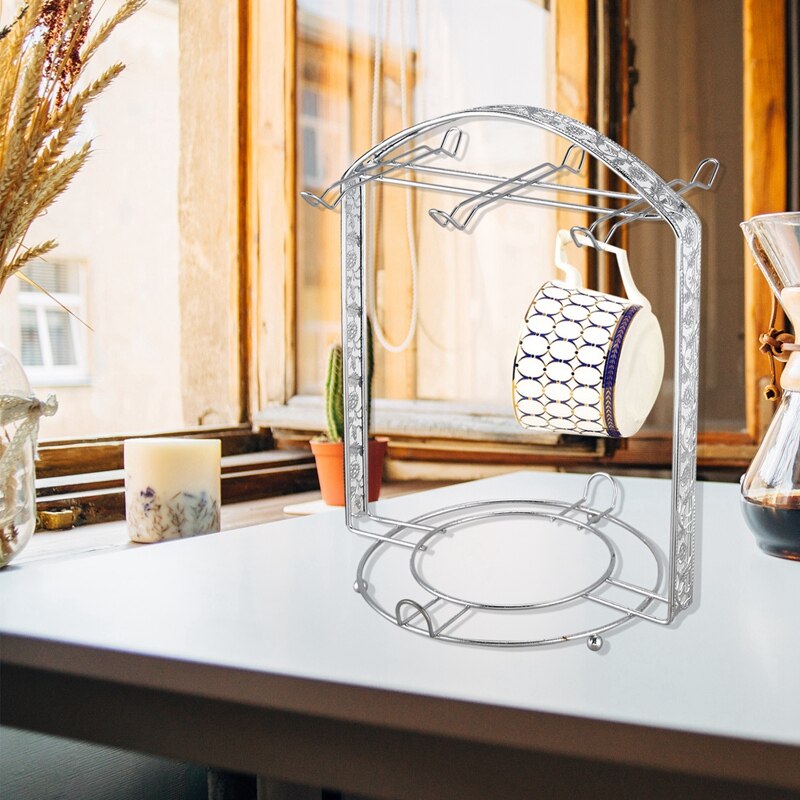 Support en métal plaqué argent pour tasse à café, plaque de cuisson, support à vaisselle, peut accrocher la plupart des 6 tasses et soucoupes