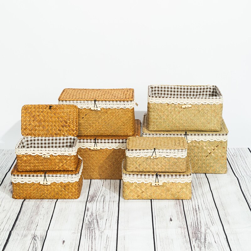 Rieten Opslag Mand Met Deksel Rotan Doos Rechthoekige Zeegras Opslag Bin Desktop Diversen Sorteren Sieraden Make-Up Organizer