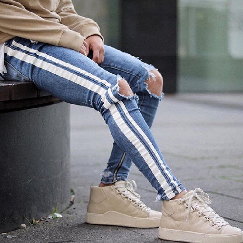 Jean déchiré au genou pour hommes, pantalon Slim de Sport en denim