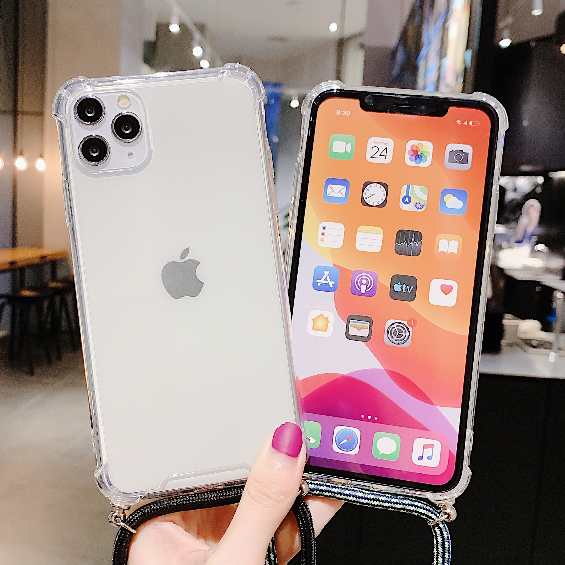 for iPhone 12 12 promax iPhone 11 Transparent TPU Phone case cover with straps for iPhone 7 8 plus XR