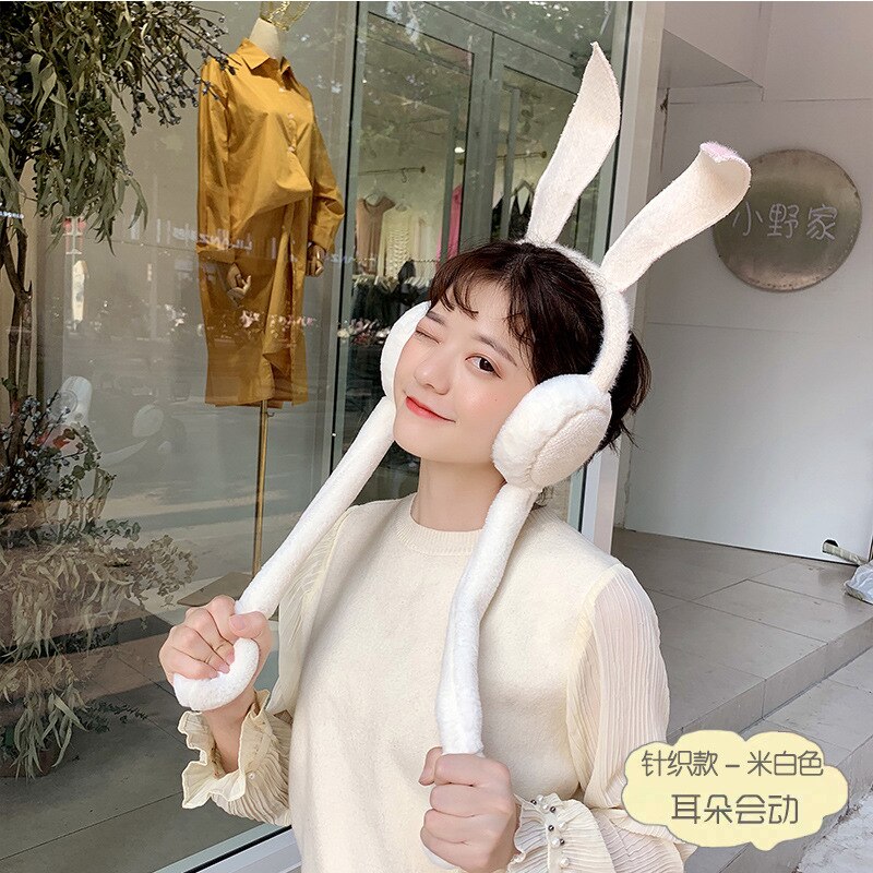 Protège-oreilles mobiles pliables avec oreille de lapin en hiver coupe-vent pour filles, protège-oreilles en peluche tricoté, oreilles de lapin poilu: Knitted beige