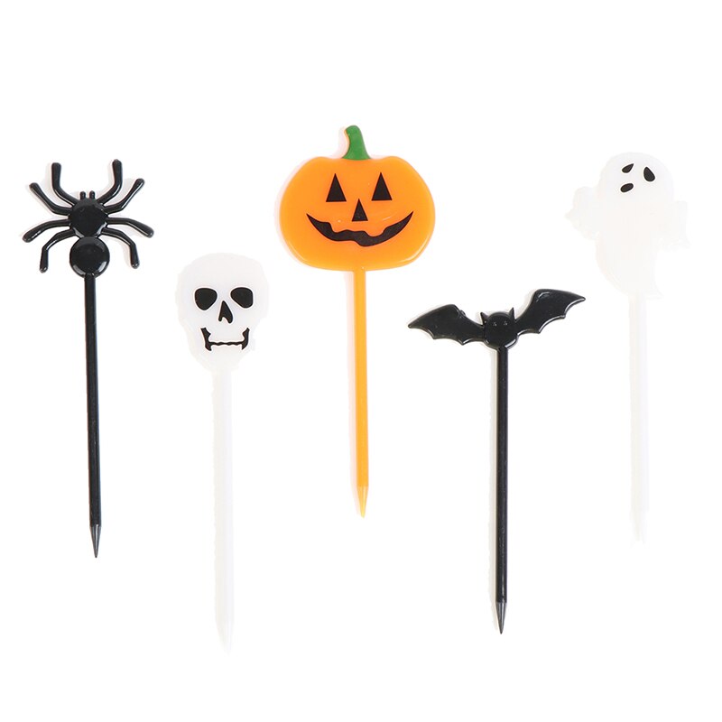 Juego de 10 unidades de comida para Halloween, fruta, tenedor de dibujos animados, pastel, palillo de dientes para postre, almuerzo, decoración de