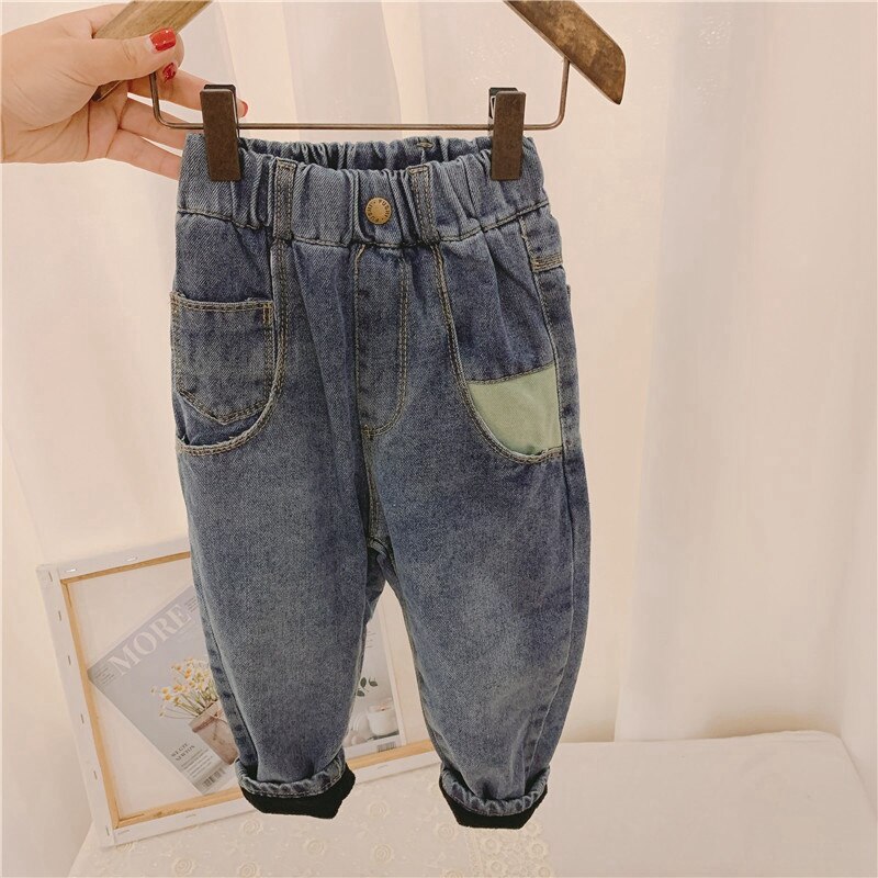 Winter Baby Girls Boys Kids Thicken Velvet Jeans Pants Warm Casual Trousers Children Denim Jeans Full Length Pant WT984