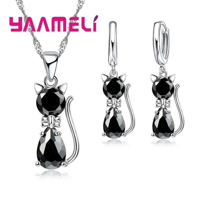 Genuine 925 Sterling Silver Jewelry Set Clear CZ Cubic Zircon Cat Necklace Earrings Pendant For Women