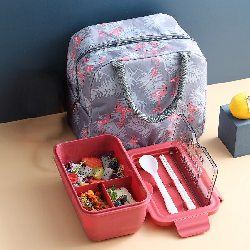 Grid Microwave Lunch Box Portable Japan Compartment Bento Box Simple Style Fruit Salad Container Storage For Kids With Tableware: RED add BAG