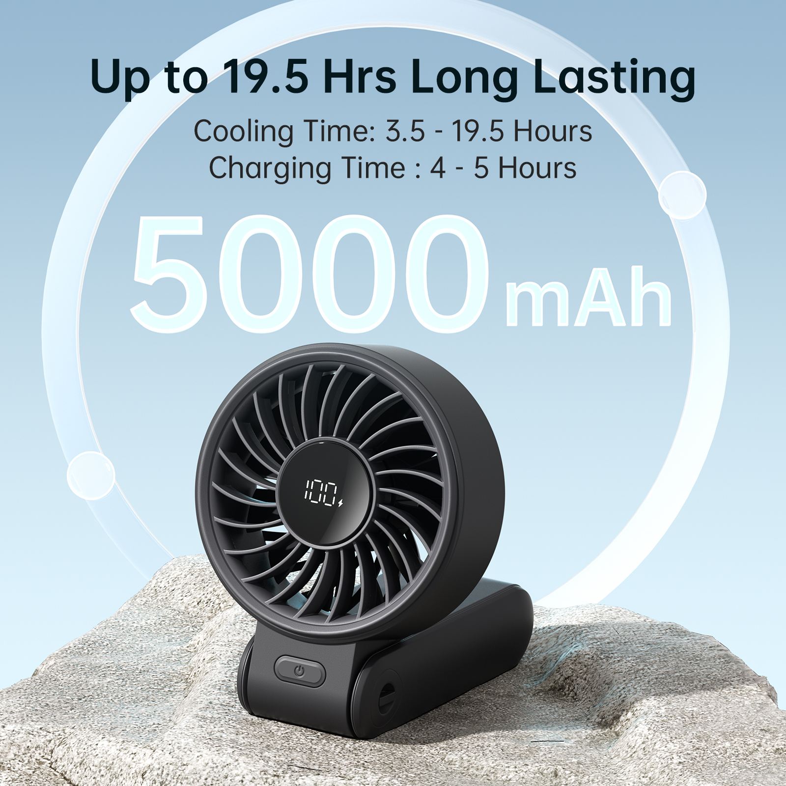 JISULIFE Ventilador portátil de mano con pantalla LED, 5 velocidades, 5000 mAh, 150 ° Ventilador personal multifunción plegado, 3 en 1 de mano/escritorio/cuello: Borgoña