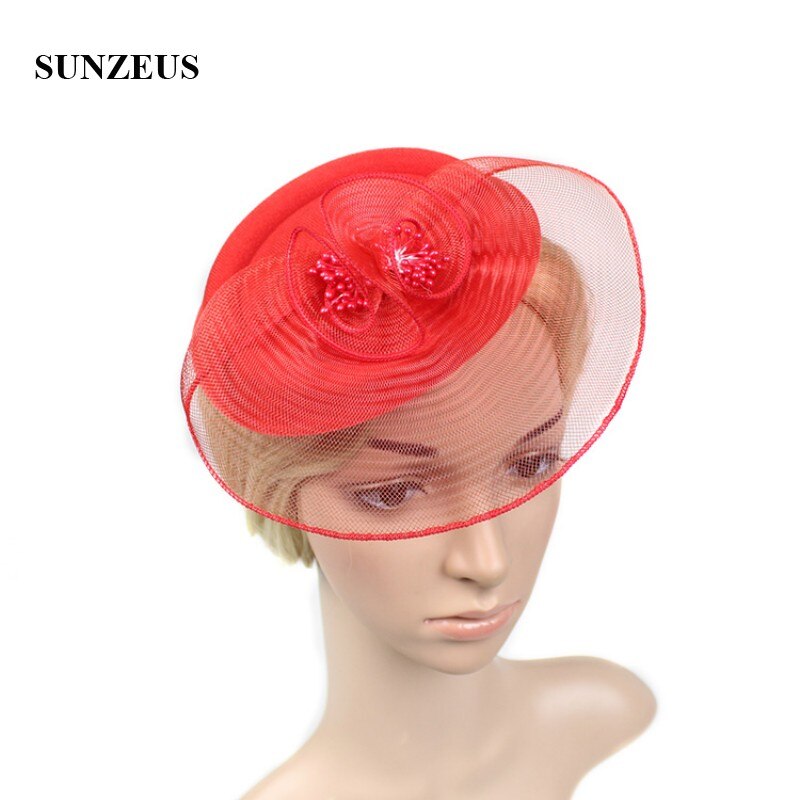 Bruidsmeisjes bruiloft hoeden voor meisjes met gezichtssluier tule hoeden voor vrouwen formele haaraccessoires hut fur hochzeit  sh26: Rood