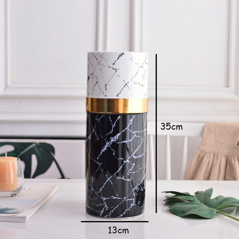 nordisch Moderne Weiß Schwarz Marmor aufbringen Vase Gold Rand Handwerk Keramik Vermittlung Blume Vase Wohnzimmer Dekoration Zubehör: E-13x13x35cm