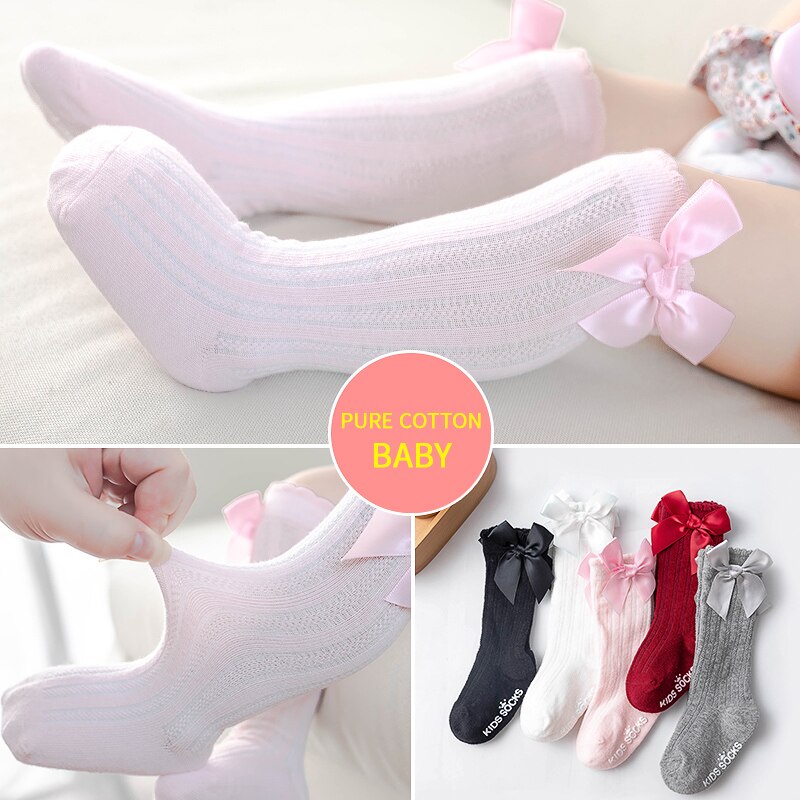 Baby Little Girls Breathable Socks Cute Bowknot Knee High Children Tube Socks Bows Solid Color Kids Socks