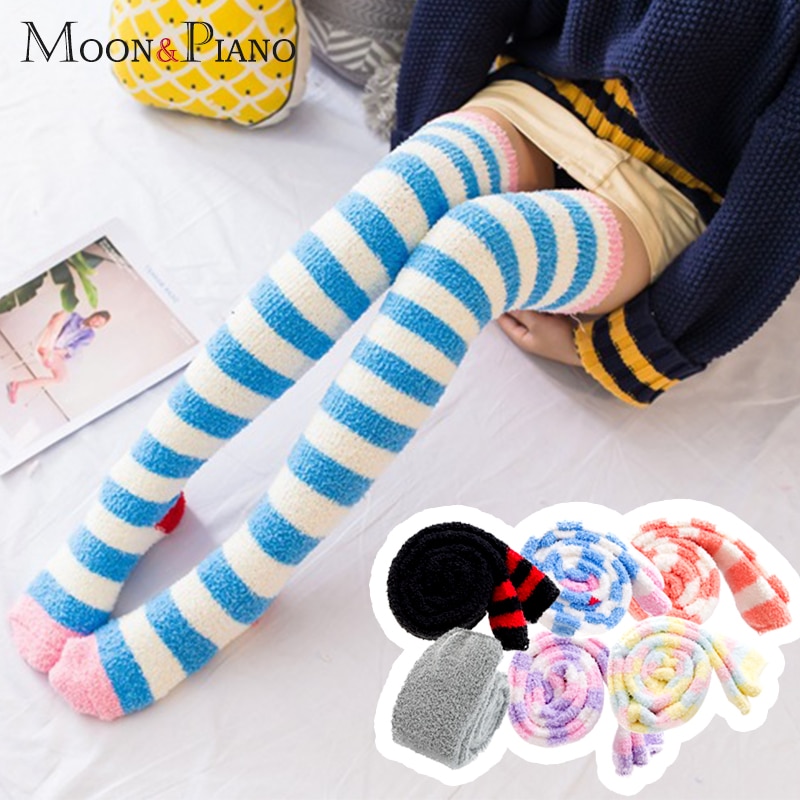 1/pcs Stockings Women&#39;s Over The Knees Home Sleep Stocking Striped Lovely Cute Thicker Warm Ladies Long Tube Style