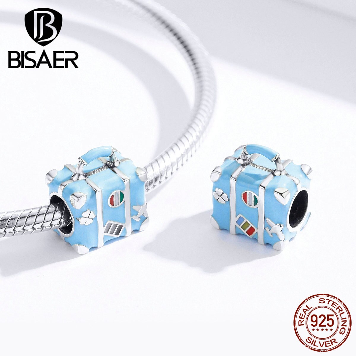 Travel Charms BISAER 925 Sterling Silver Travel Suitcase Box Beads Blue Charms fit Women Bracelets Jewelry ECC1377