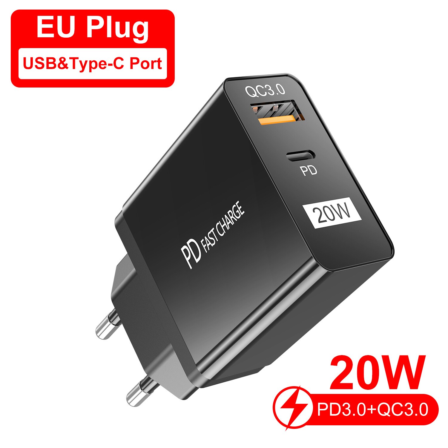 Gtwin  pd20w schnelllade-wandladegerät mit eu/us-stecker, usb-typ-c-netzteil für xiaomi 9, 8  s10 und iphone 12: Schwarz eu