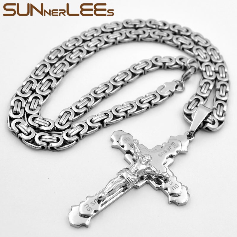Sunnerlees Rvs Jezus Christus Kruis Hanger Ketting Byzantijnse Link Chain Zilver Kleur Mannen Jongens SP266