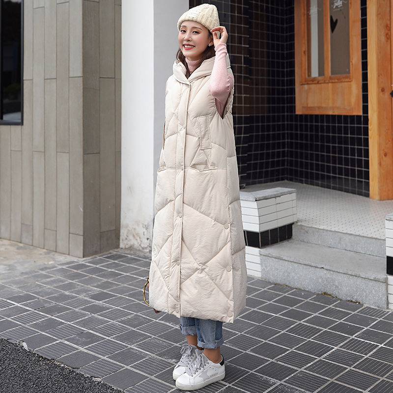 Vinter dame dun bomuldsvest lang sektion kvinders koreansk version af løs varm vest hættejakke til kvinder: Beige / Xl