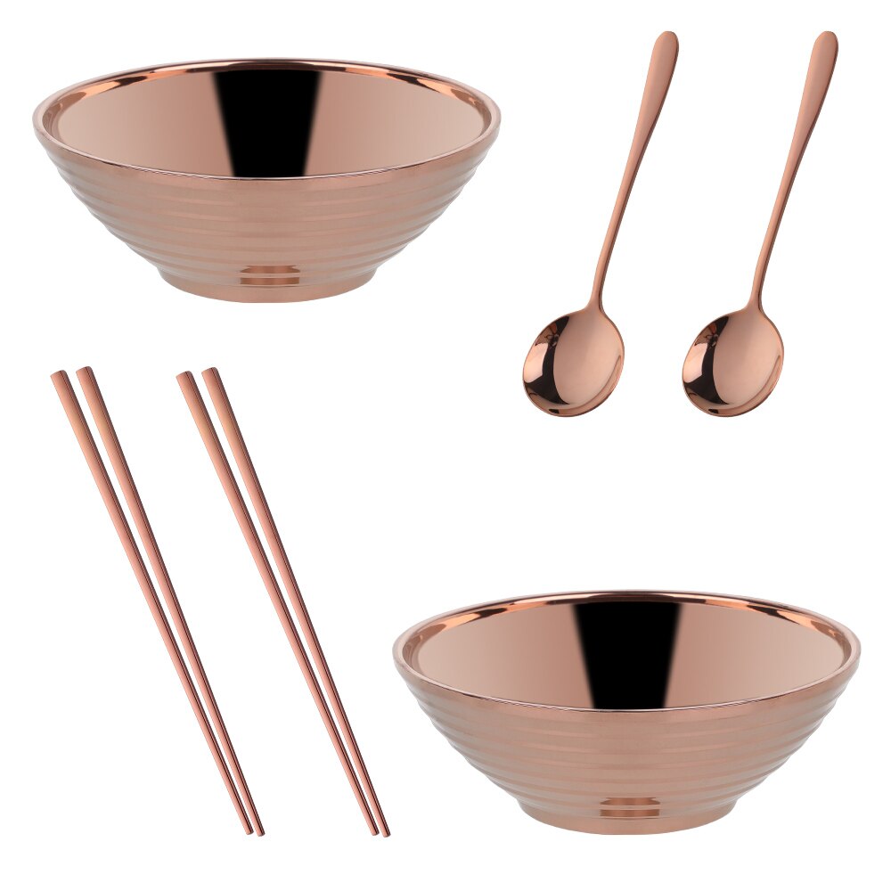 Japanese Stainless Steel Ramen Instant Noodles Bowl Large Rice Soup Salad Double layer Bowl For Restaurant Kitchen Tableware: Rose gold 6pcs