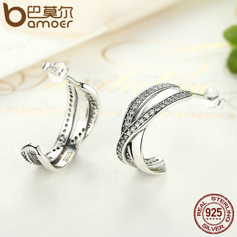 BAMOER Genuine 100% 925 Sterling Silver Entwined with Clear CZ Stud Earrings for Women 925 Silver Special Store PAS493