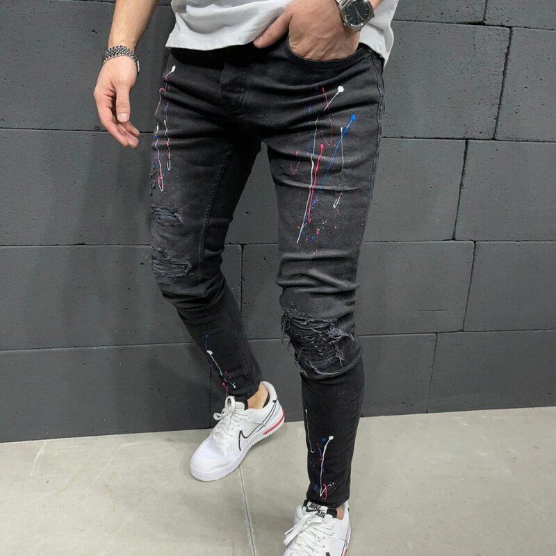 Pantalones largos de tubo rasgados para hombre, Jeans ajustados con agujeros de primavera, pantalones vaqueros ajustados para hombre, de Hip-hop, ropa