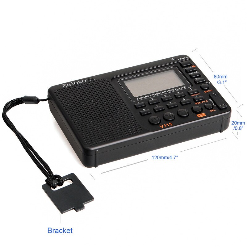 V-115 Portable Radio Full Band Radio Recorder FM AM MP3 Playback Support Plug TF 3.5 MM AUX Input Adjustable LCD Backlight