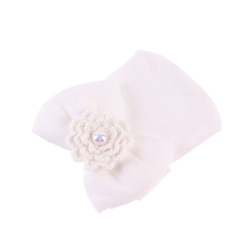 100% Cotton Newborn Soft Hat Bonnet With Big Bowknot Bebe Boy Girl Autumn Winter Knitted Cap Hospital Hat Flower Bow Striped: White