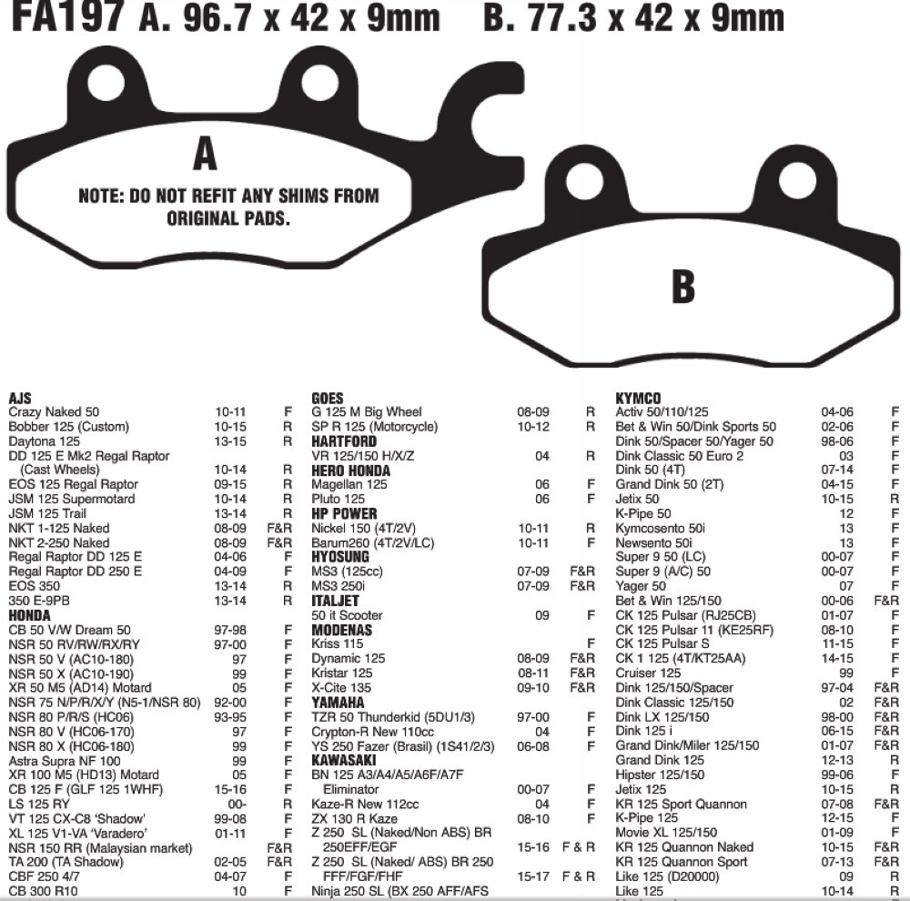 Voor Achter remblokken Voor Honda NSR 50 75 80 XR 100 CB300 BN 125 Z250SL Ninja 250 SL EX250 EX300 KLE300 Z300 KLR650 AN250 AN400